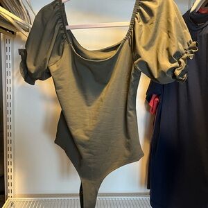 Elegant Olive Green Puff Sleeve Bodysuit